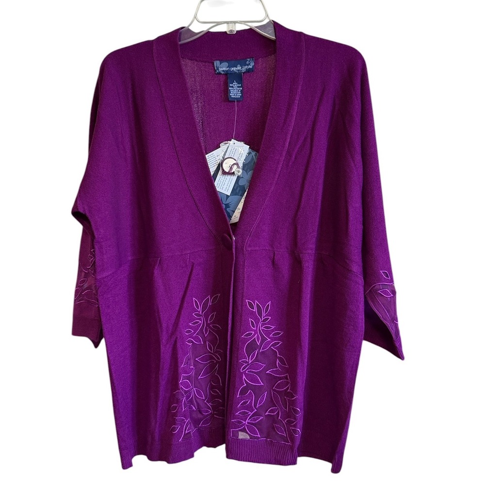 Susan Graver Purple Cardigan Sz L Leaf Embroidery Mesh Cut Out One Button NWT